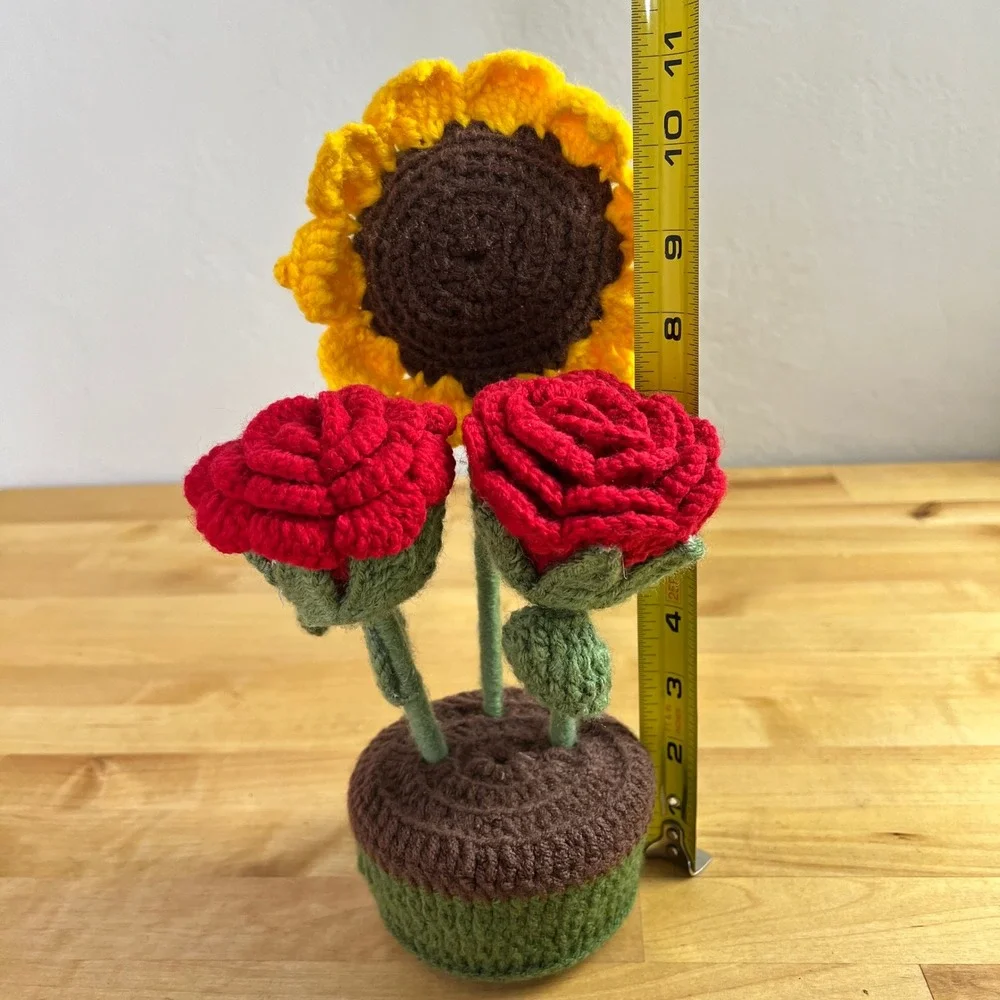 Handmade‎ Crochet Sunflower and Red Roses Potted Plant Decor Floral Cottagecore